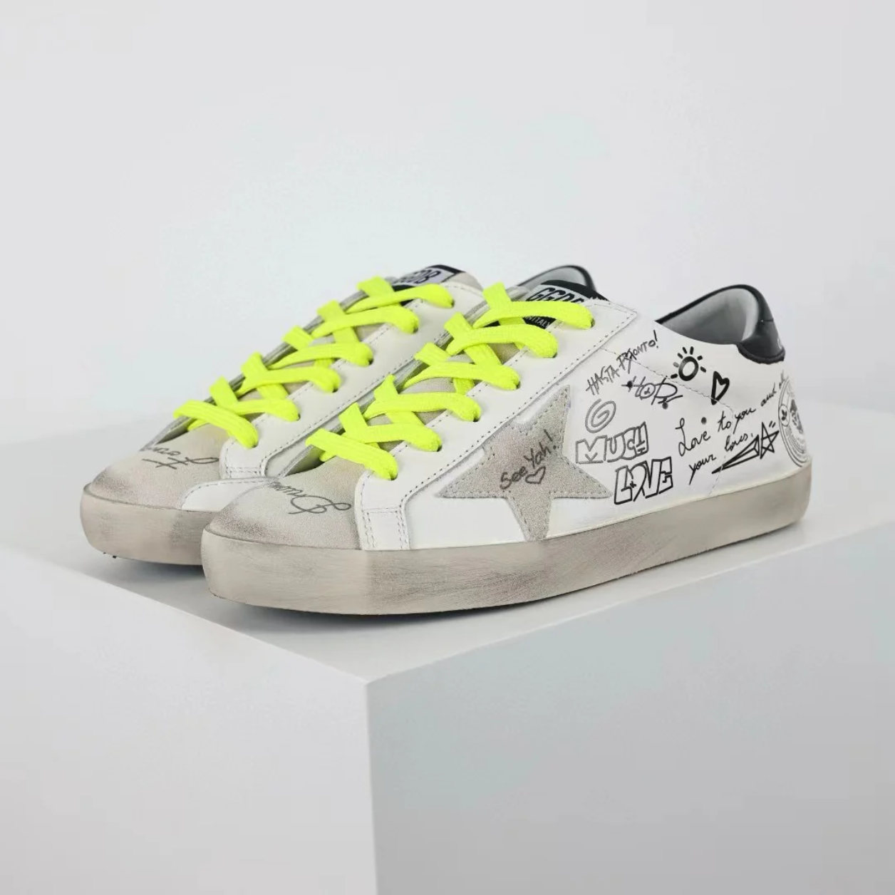 GG 'Super-Star Graffiti Suede Silver Star Black Heel Tab'